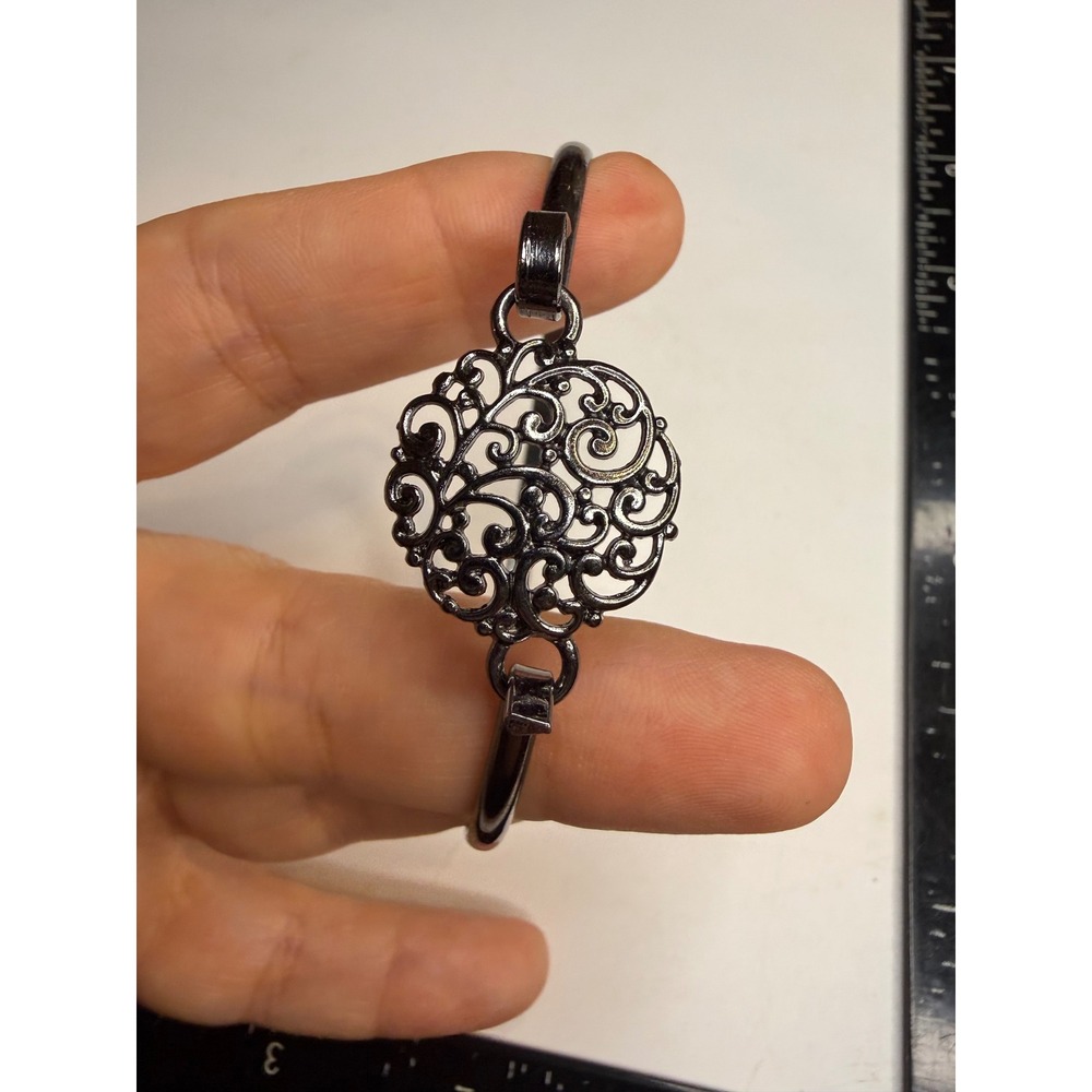 Gunmetal Filigree Medallion Bangle Bracelet Hook Closure Scroll Swirl Detail